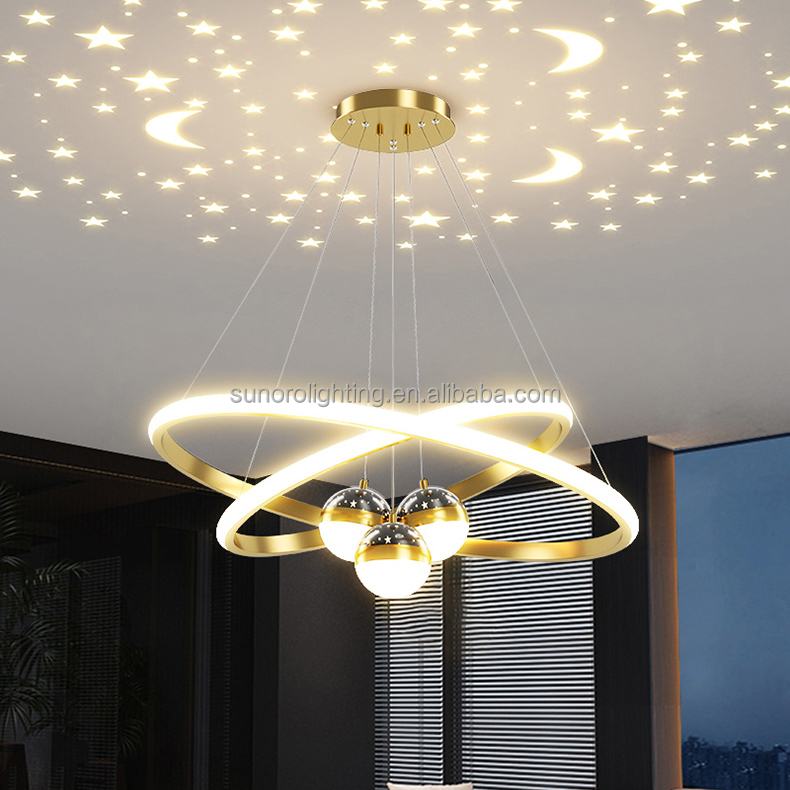 Modern Luxury Iron 85-265V Chandeliers Light 3 Rings 30 40 60cm+3 Bulbs with Moon and Stars Effect Dining Pendant Light for Home