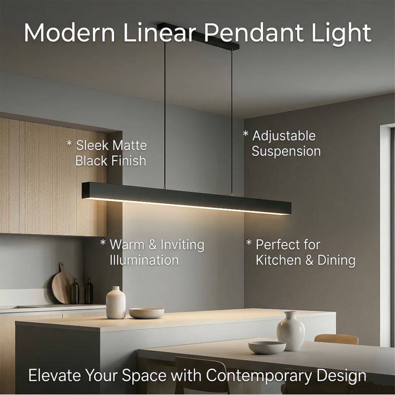 NewThingLine LED Linear Aluminum Energy Saving Dimmable Adjustable Height Pendant Black Finish 3-Year Warranty for Kitchen