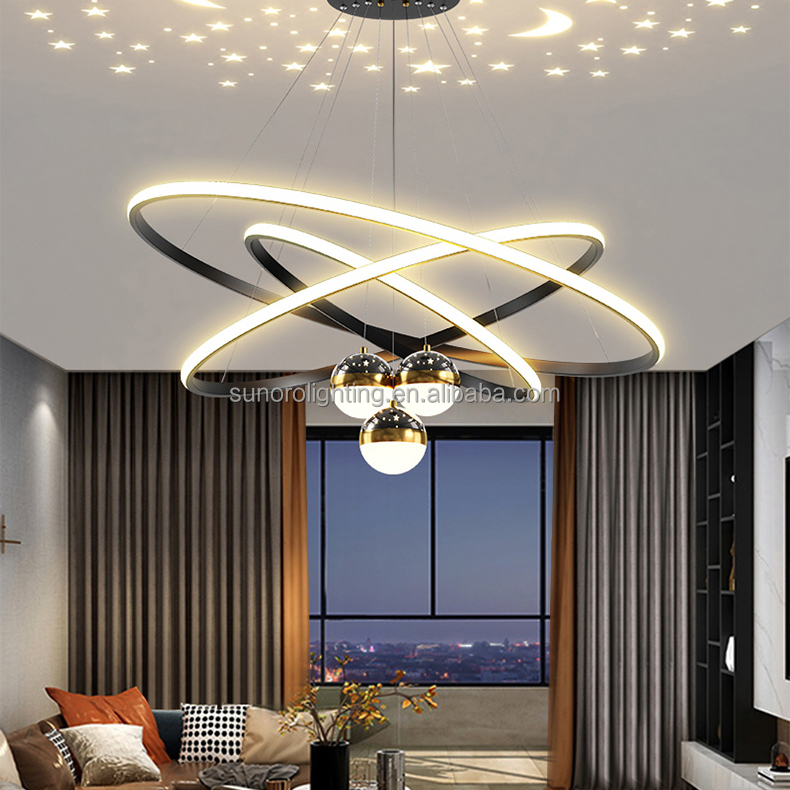 Modern Luxury Iron 85-265V Chandeliers Light 3 Rings 30 40 60cm+3 Bulbs with Moon and Stars Effect Dining Pendant Light for Home
