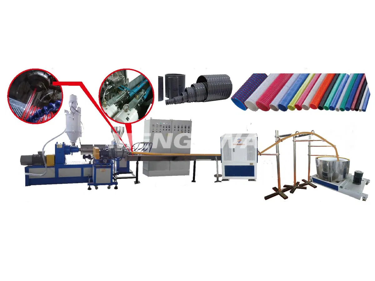 خط إنتاج خرطوم شفط PVC بجودة تلقائية، آلة تصنيع أنابيب مرنة حلزونية باستخدام برغي مفرد