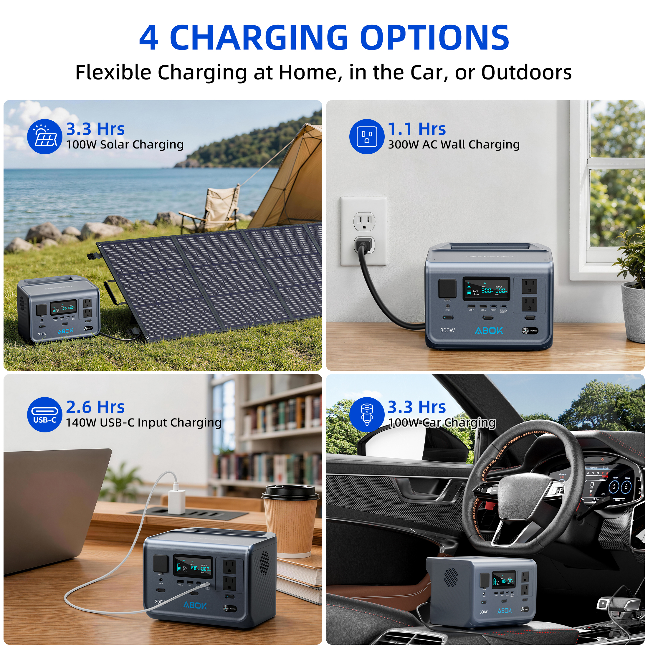 ABOK 300W Portable Power Station 266Wh LiFePO4 Solar Generator 300 Watt Lithium Battery Backup For Camping Outdoor Emergency