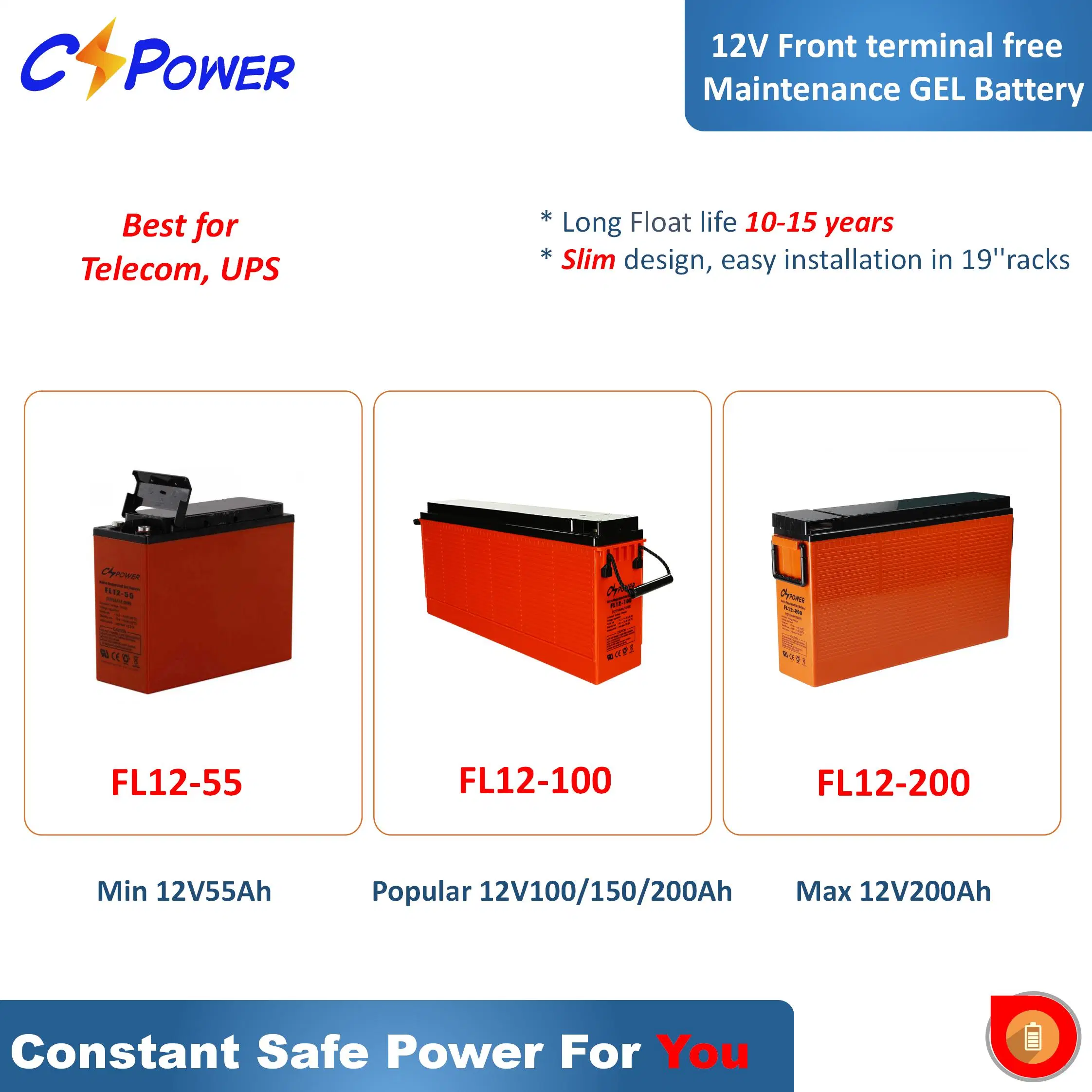 China Cspower Front Terminal Telecommunication UPS Battery Solar Gel Battery 125ah