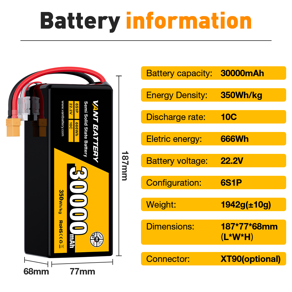 High Energy Density 350wh/kg Semi-Solid 6S Lipo Battery 22.2V 10C 12.5/20/22/30/33/39Ah Lithium Fpv Battery For Large Drone&amp;EVS