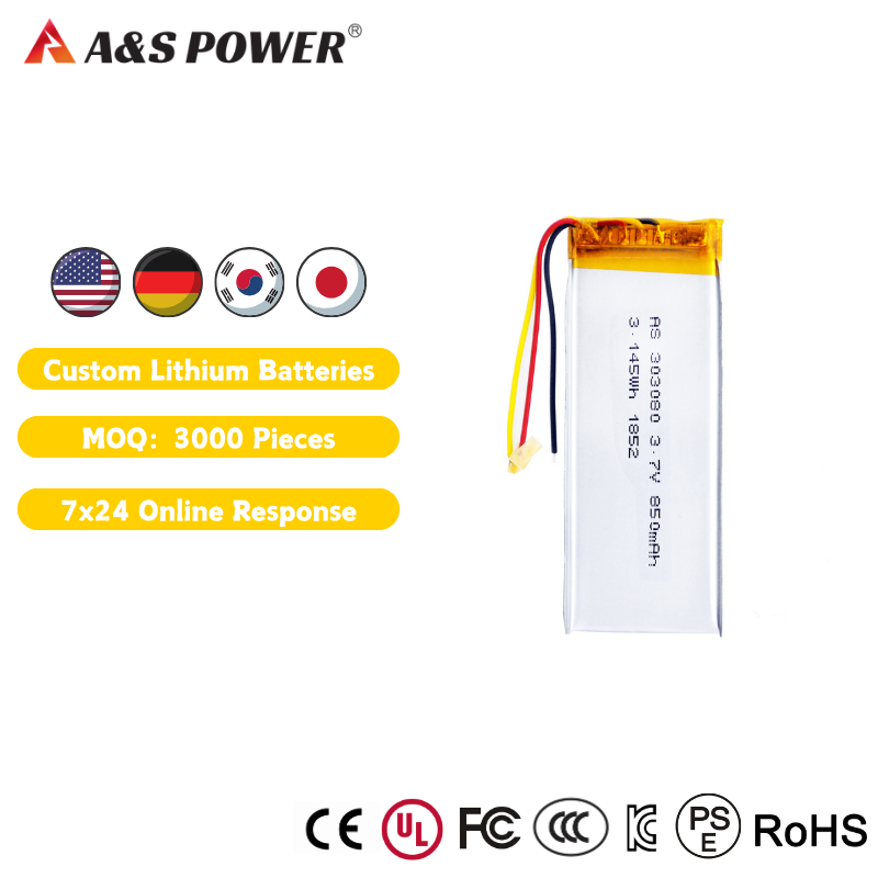 Ultra Thin Rechargeable AS303080 850mAh 3.7V Customized Lithium Lipo Battery With IEC62133 UL UN38.3 CE For Hearing Products