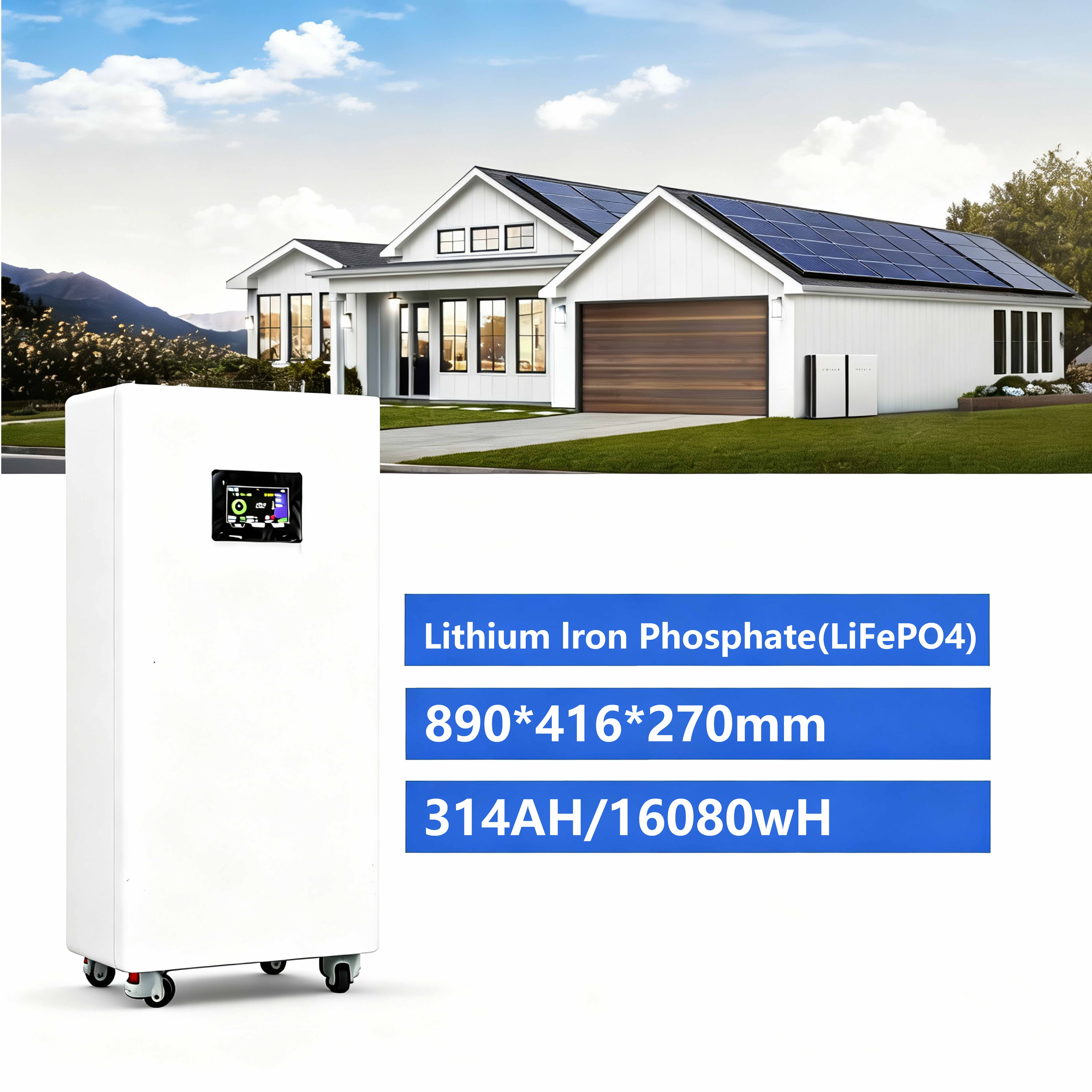 Lithium Ion Battery Home Energy Storage System 51.2V 314Ah 16Kwh 17Kwh Solar Battery With LCD Touch Screen