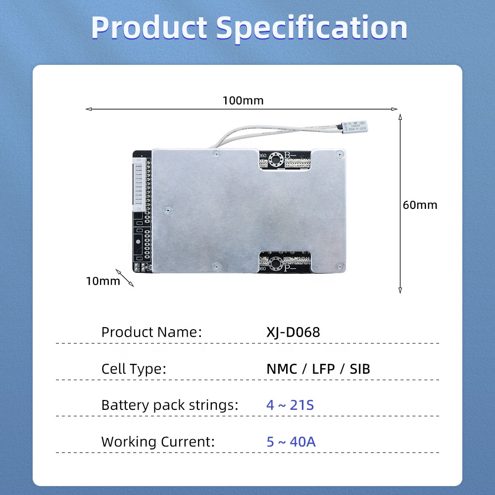 XJ BMS 4S 5S 6S 7S 8S 9S 10S 11S 12S 13S 14S 15S 16S 17S 18S 19S 20S 21S 48V 20A 30A 40A Lifepo4 NMC Sodium Ion Li-Ion Battery