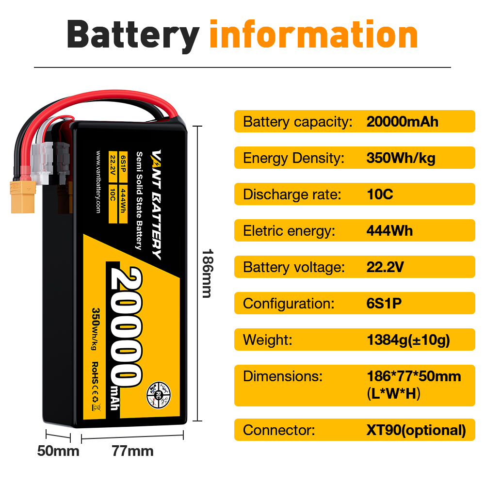 High Energy Density 350wh/kg Semi-Solid 6S Lipo Battery 22.2V 10C 12.5/20/22/30/33/39Ah Lithium Fpv Battery For Large Drone&amp;EVS