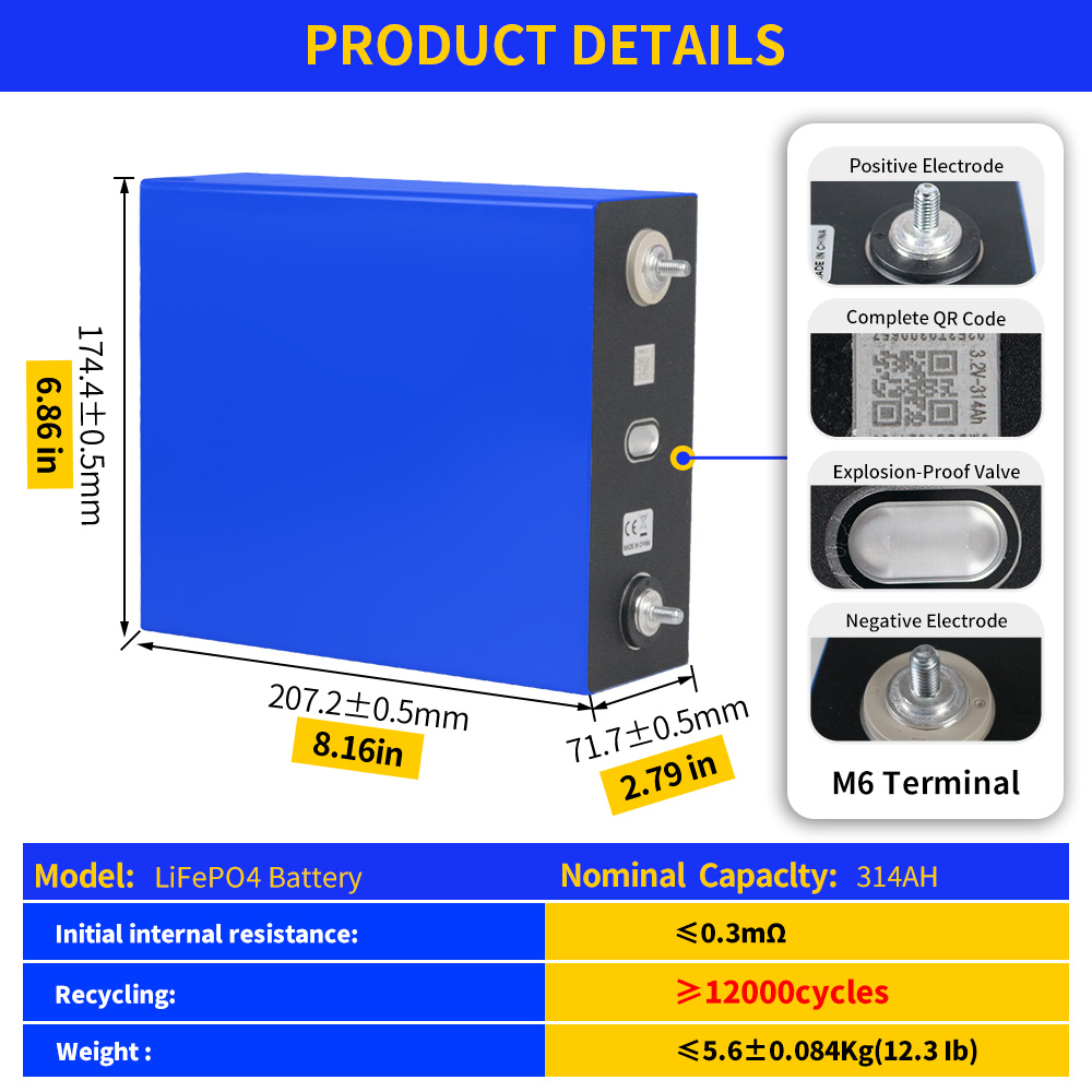 3.2V 340Ah 280Ah 320Ah 314Ah 628Ah Solar Lifepo4 Lithium Cell Prismatic Lithium Ion Battery for Boat Camping Car RV Jack Battery