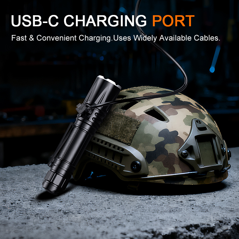 High Lumen Tactical Flashlight With Type-C Charging, Durable Aluminum Body, And Six Modes For Outdoor, Duty, Or Emergency Use.