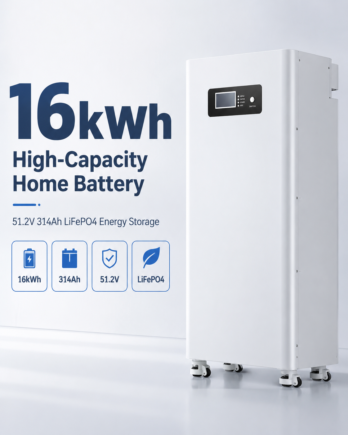 51.2V 314Ah 16kWh Stackable LiFePO4 Battery Pack With CAN Communication For Hybrid Grid Home Solar Energy Storage System