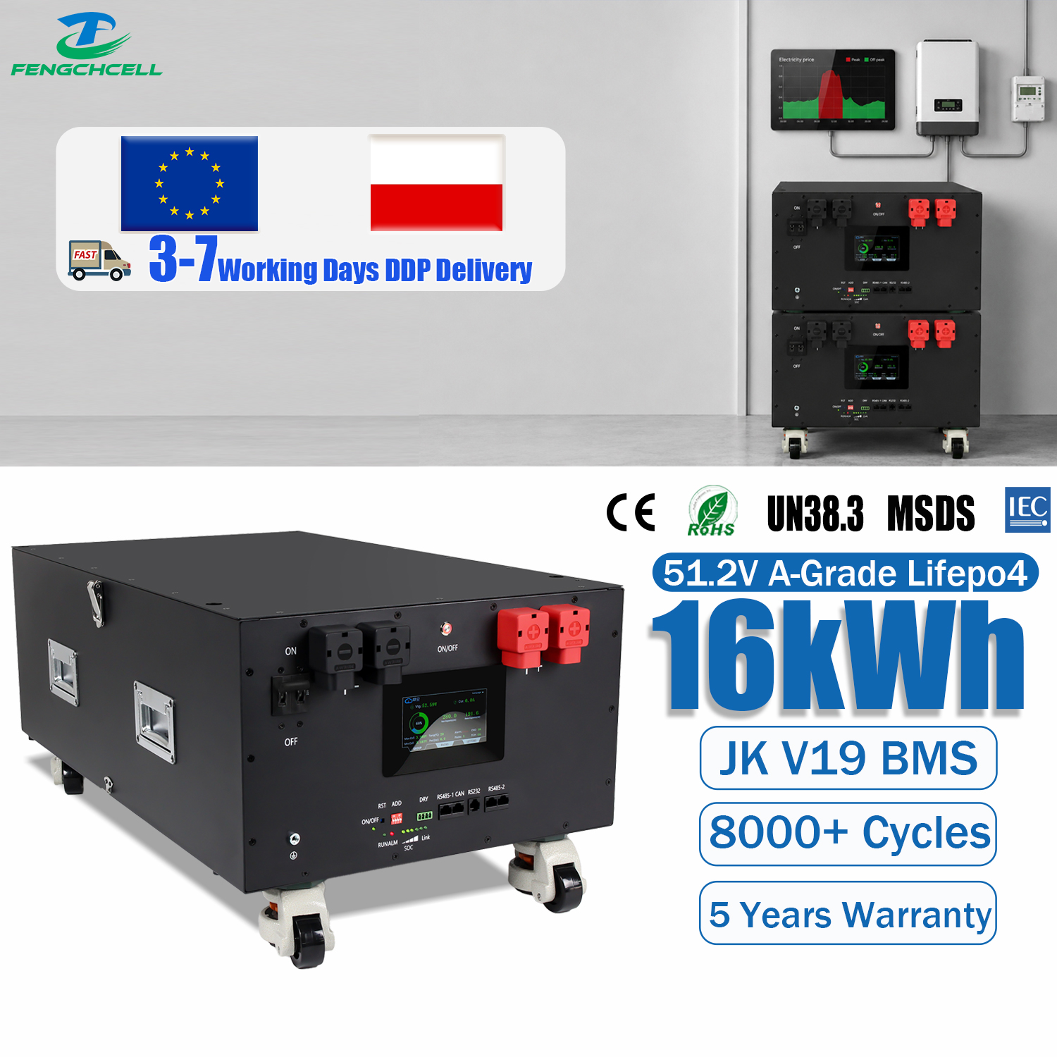 EU Stock 8000+cycle 51.2V 314AH Lifepo4 Lithium Battery 48V 16kwh Lifepo4 JK V19 BMS16s Solar Lithium Battery Pack for ESS RV