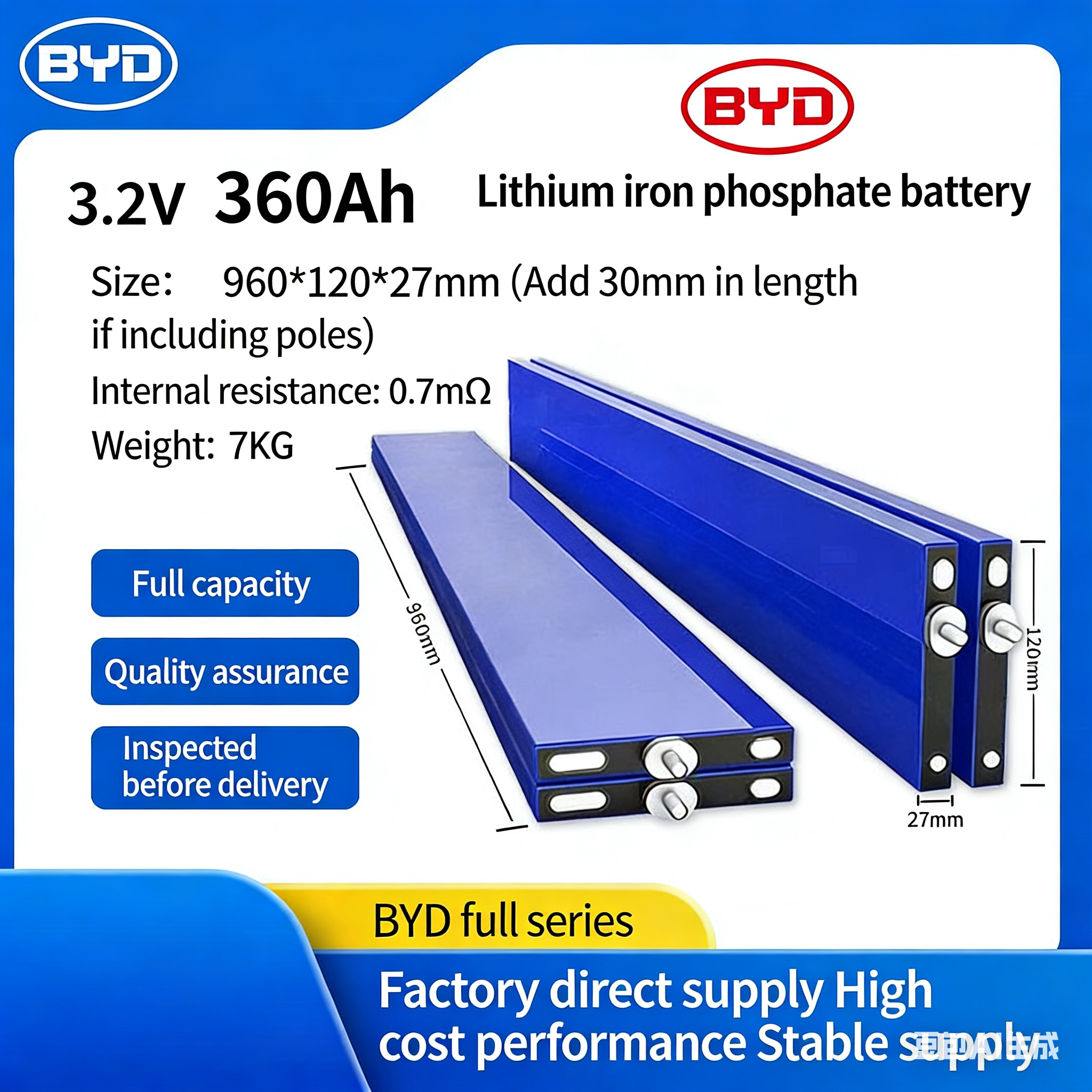 Grade a 3.2V 360Ah LiFePO4 Blade Battery Cell Deep Cycle for Solar Energy Storage RV Golf Cart Thin &amp; Long Shape, Higher Space