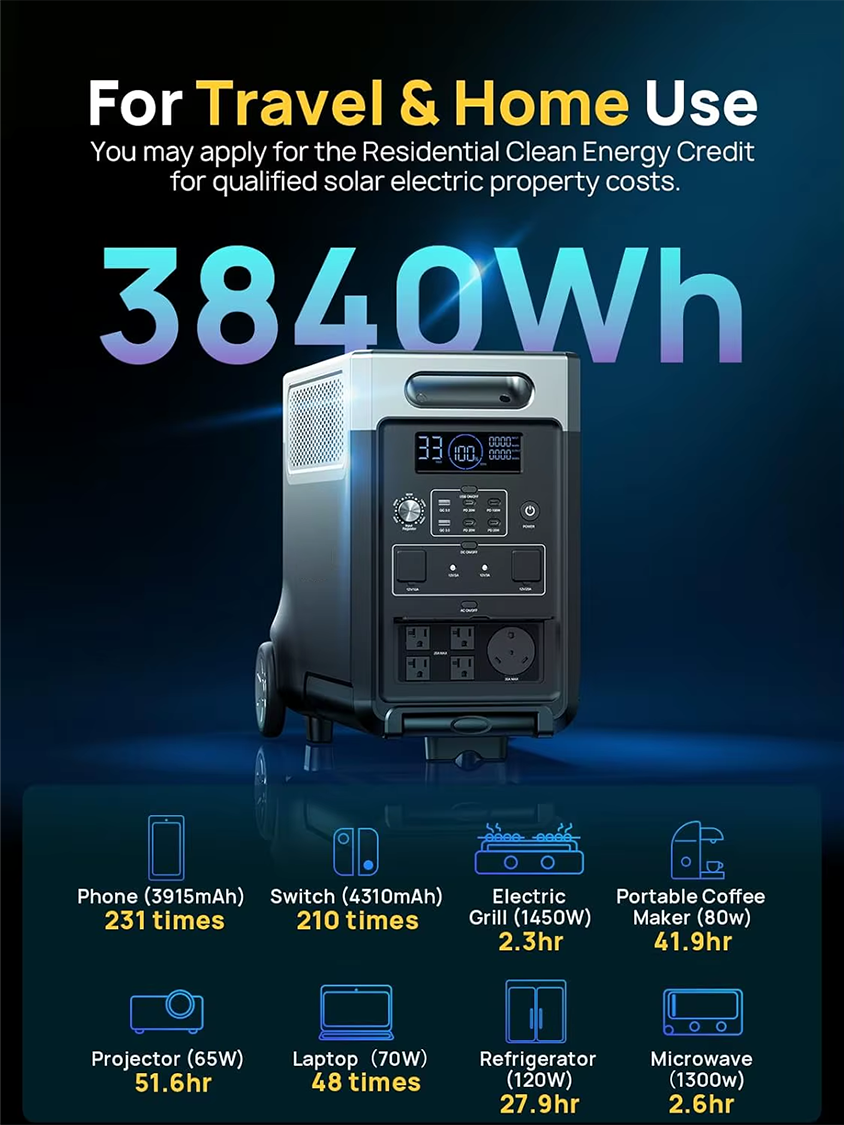 3840Wh Portable Power Station 120V AC Outlets X5 2.5H Fast Charge 3600W LiFePO4 Battery Solar Generator for Home Outdoor