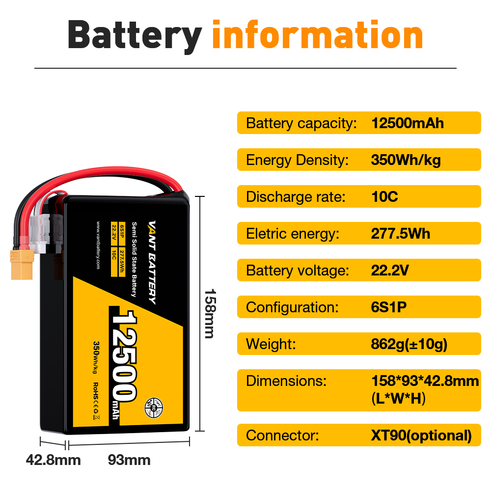 High Energy Density 350wh/kg Semi-Solid 6S Lipo Battery 22.2V 10C 12.5/20/22/30/33/39Ah Lithium Fpv Battery For Large Drone&amp;EVS