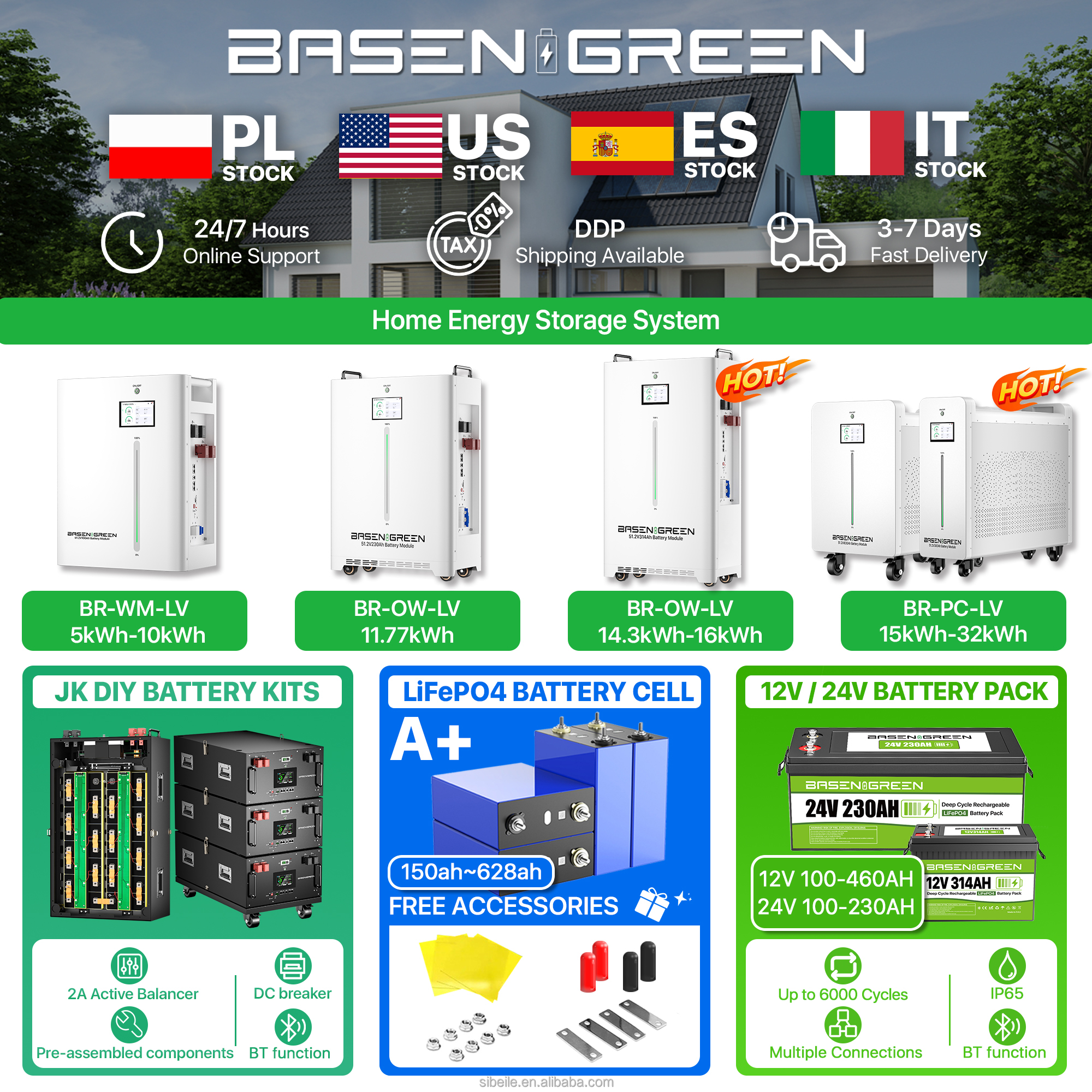 Basen Green EU Stock 12V 100ah 200ah 300ah AKKU Lifepo4 Lithium Ion Battery Deep Cycle Fot Solar Systems 12 Vol Batteries