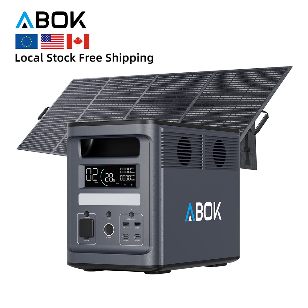 ABOK 2000W 1536Wh Portable Solar Power Station Solar Powered Generator Battery Generator With 400W Solar Panel Off Grid