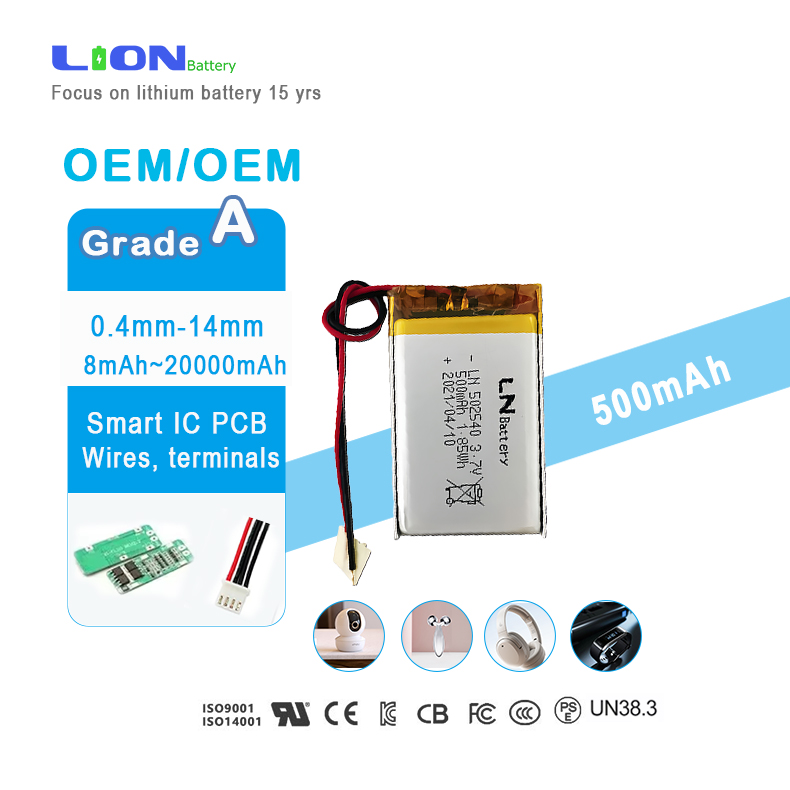 High Quality Rechargeable Pouch Lithium-Ion Polymer Battery 3.7V 500mAh Lipo 502540 Battery with PCM and Connector