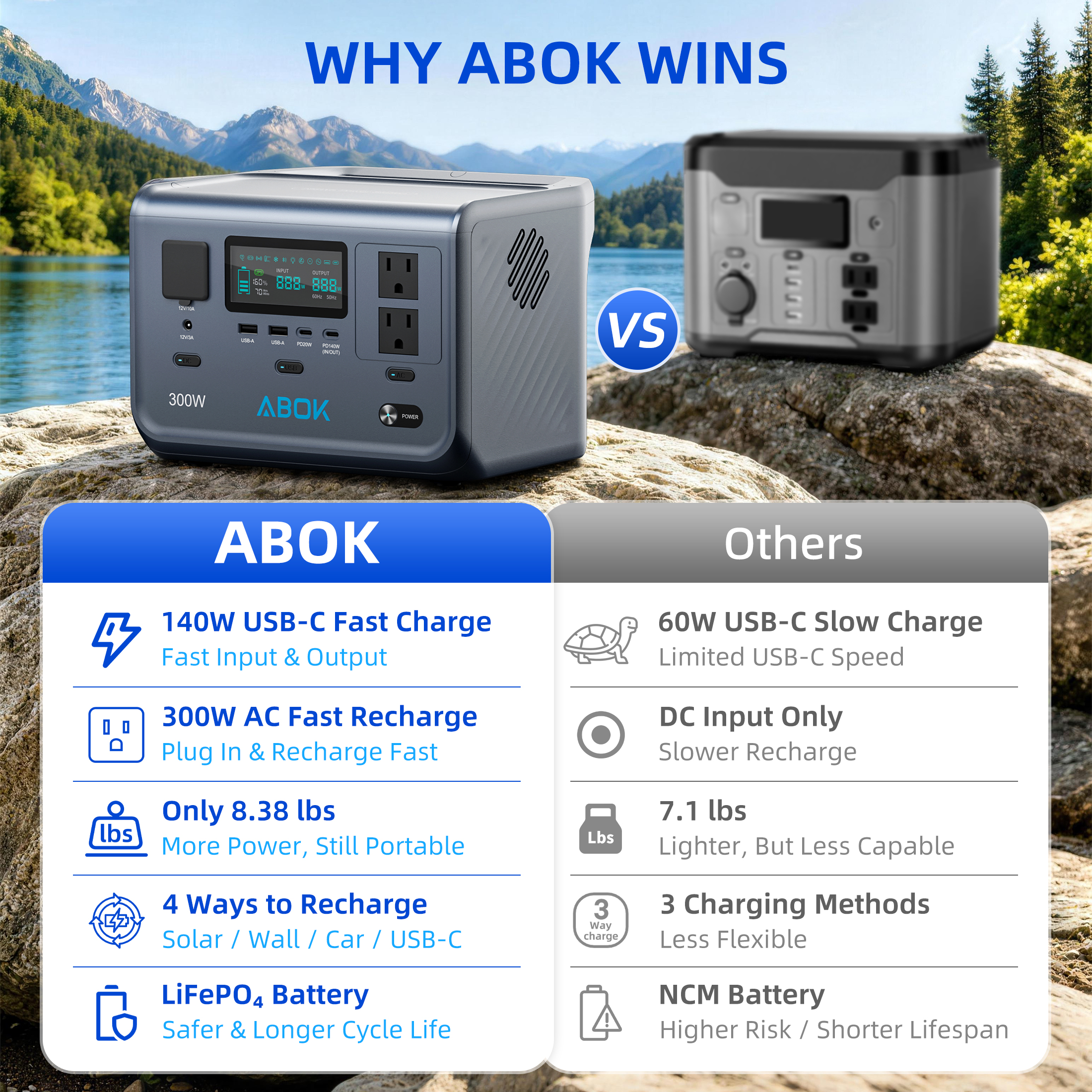 ABOK 300W Portable Power Station 266Wh LiFePO4 Solar Generator 300 Watt Lithium Battery Backup For Camping Outdoor Emergency