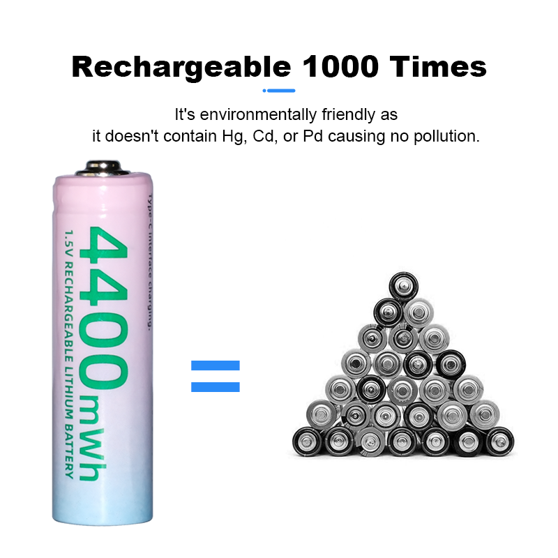 Lithium Ion AA Battery 1.5V Rechargeable 4400mWh Stable Voltage for Electronics 1000 Cycles -20C to 60C