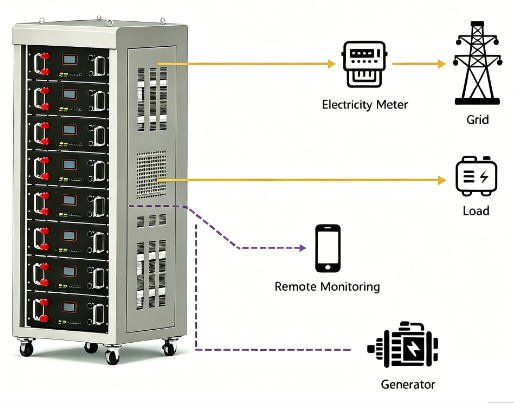 Commercial Vertical Energy Storage Cabinet 51.2V600AH LiFePO4 30.7KWh 55kVA Smart BMS IP54