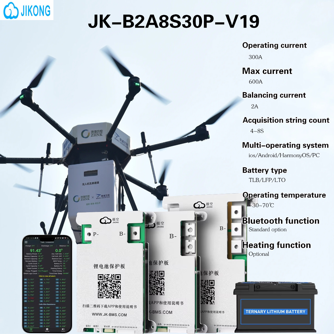JIKONG JKBMS B2A8S30P 100A/200A/300A Smart Active Balancing 8S 24V LiFePO4 Battery Management System RS485/CAN for Energy