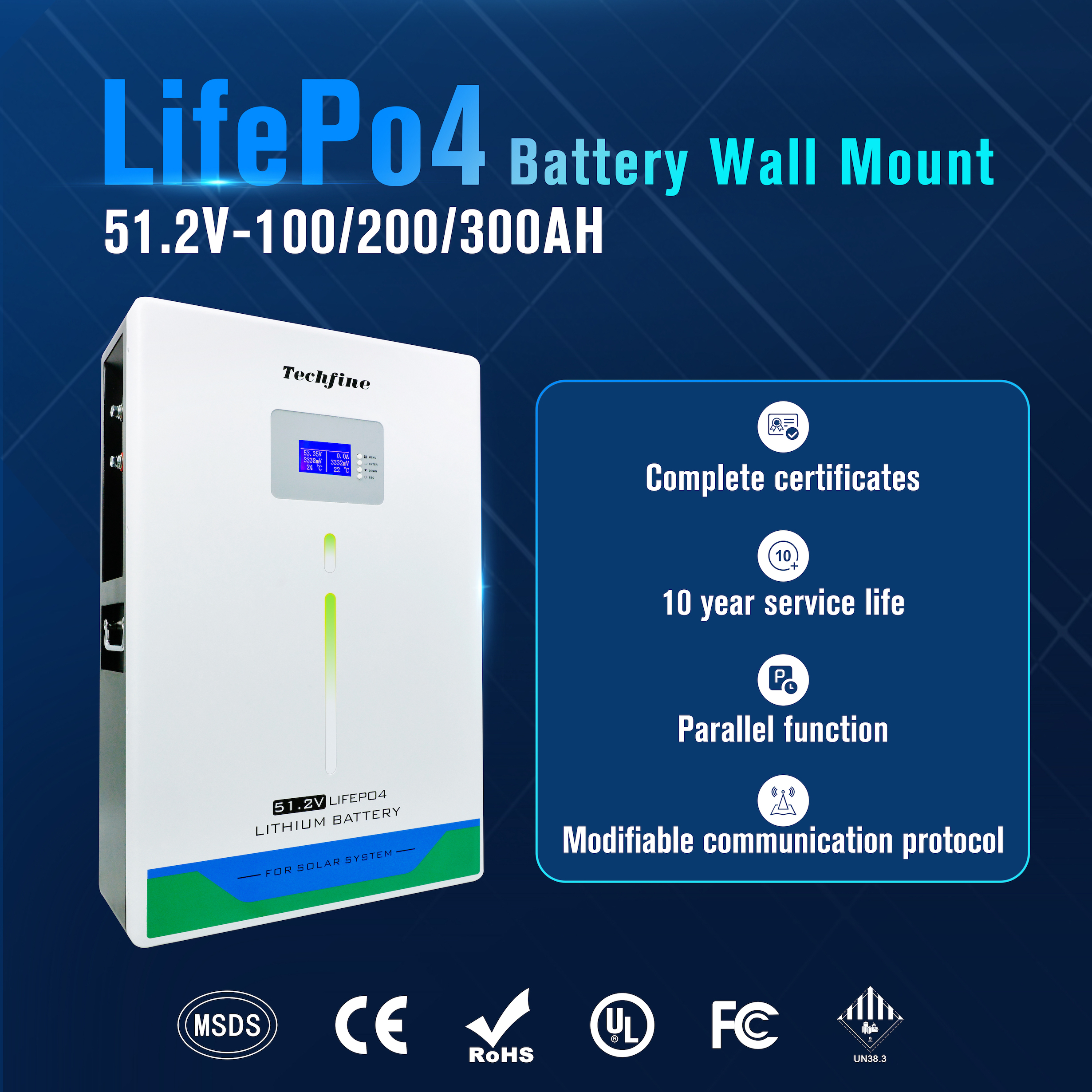 Home Solar Energy Storage Batteries Techfine Lifepo4 Powerwall 48v 5kw 5.12kwh Lithium Iron Phosphate Battery 48v 100ahPowerwall
