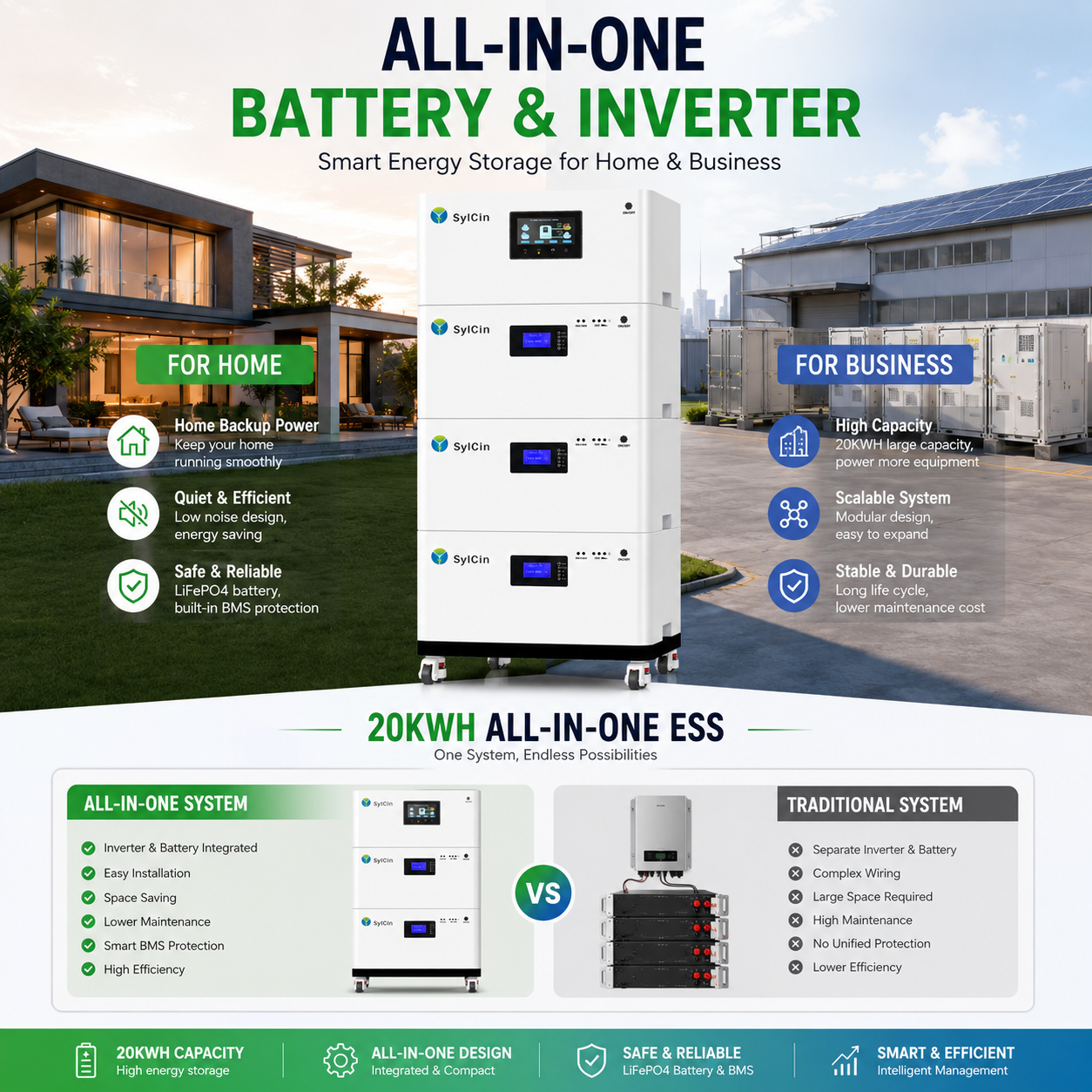 5kwh 20kWh LiFePO4 Energy Storage System All in One ESS Battery and Inverter Combo for Residential Commercial Backup Power