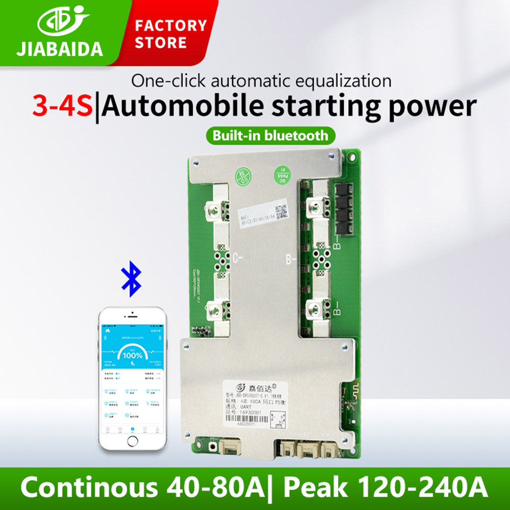 JiaBaiDa BT Smart BMS 3S 4S 12V 100A 120A 150A 200A LiFePO4 Li-ion Battery Management System with UART Switch Heating