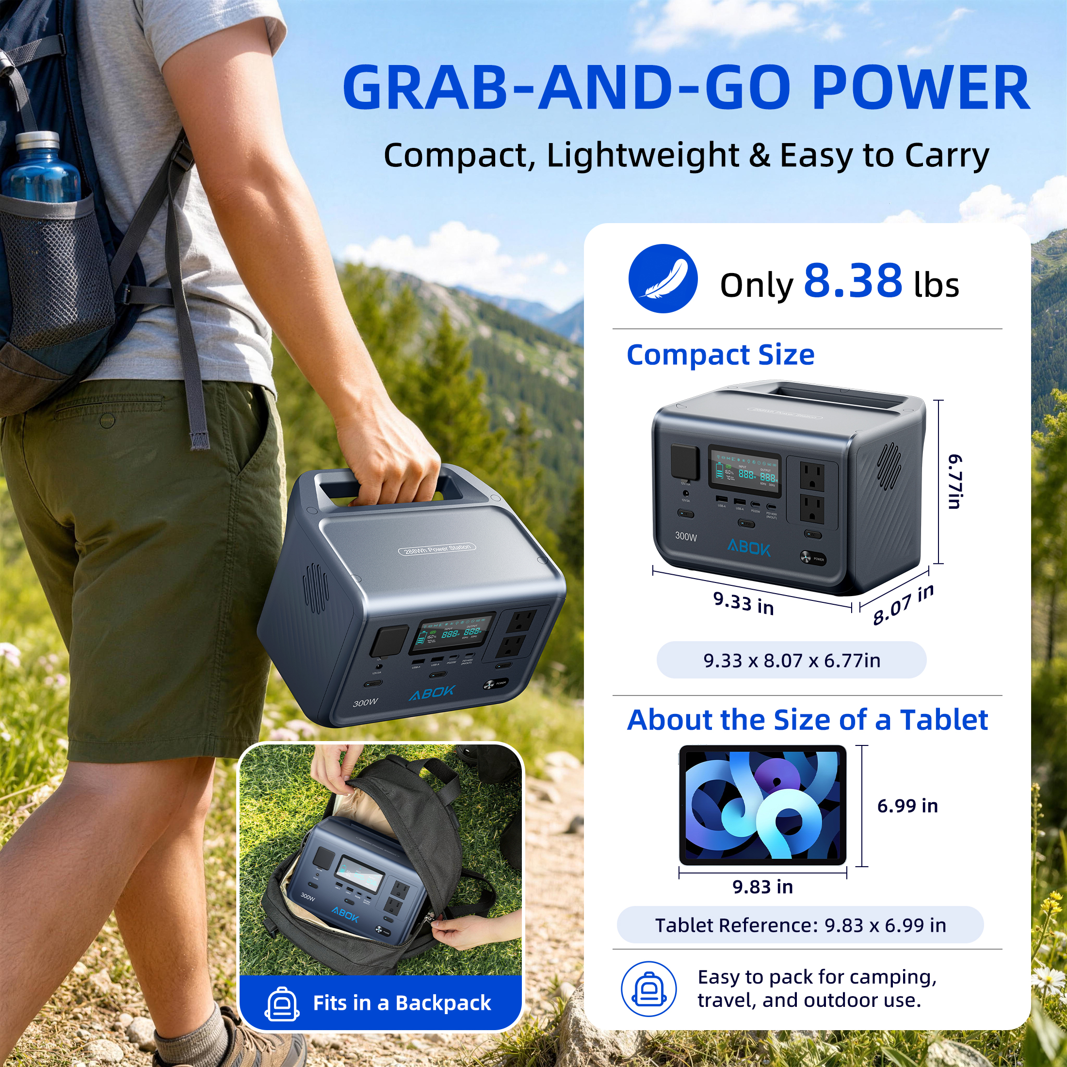 ABOK 300W Portable Power Station 266Wh LiFePO4 Solar Generator 300 Watt Lithium Battery Backup For Camping Outdoor Emergency