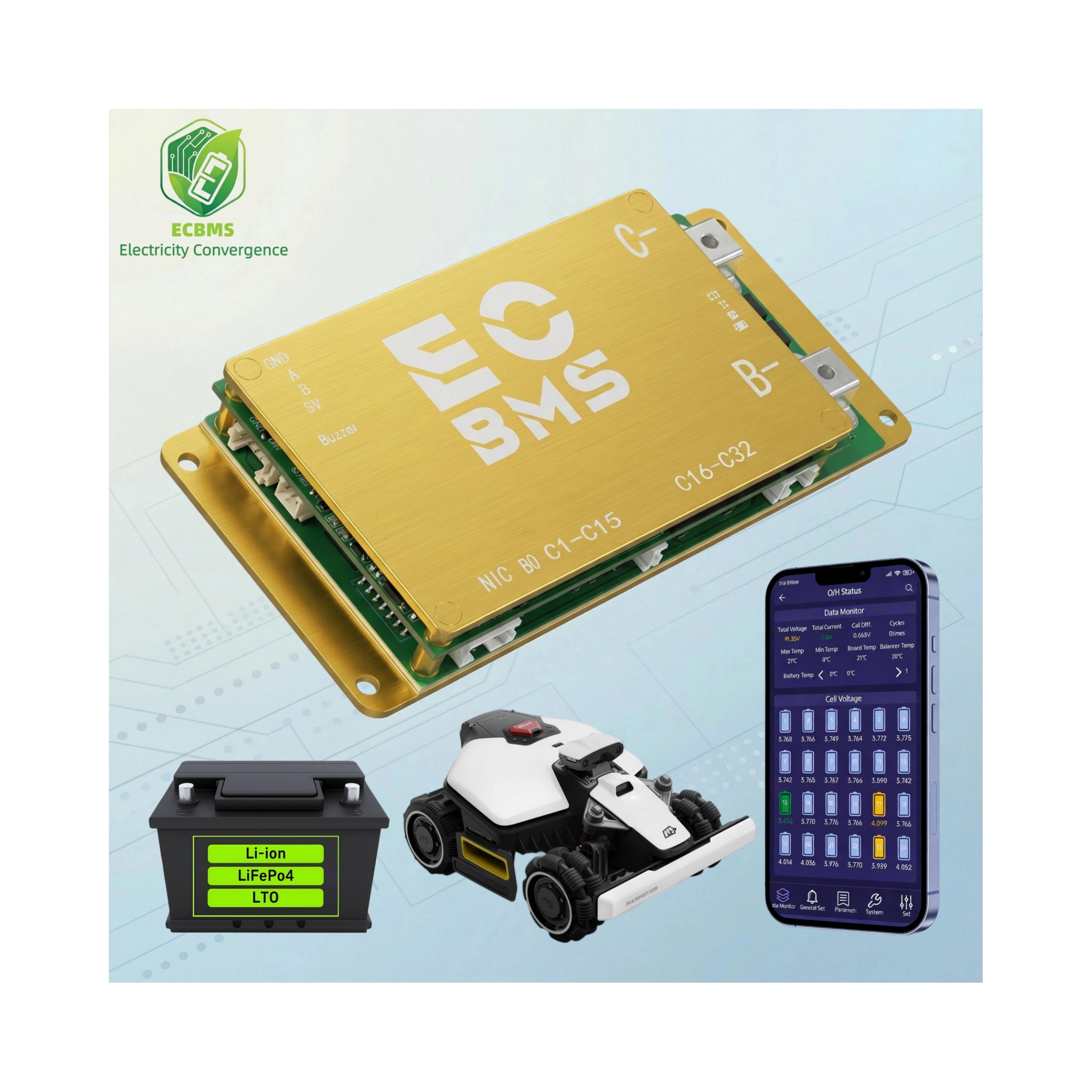 High Current Battery Battery Management System ECBMS 32s 24s 5s 60v 48v 100a 40a Active Balancer Battery Electric Motorcycle