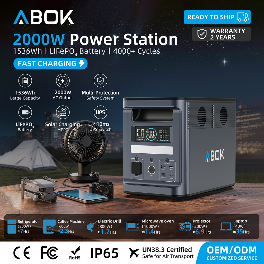 ABOK 2000W 1536Wh Portable Solar Power Station Solar Powered Generator Battery Generator With 400W Solar Panel Off Grid