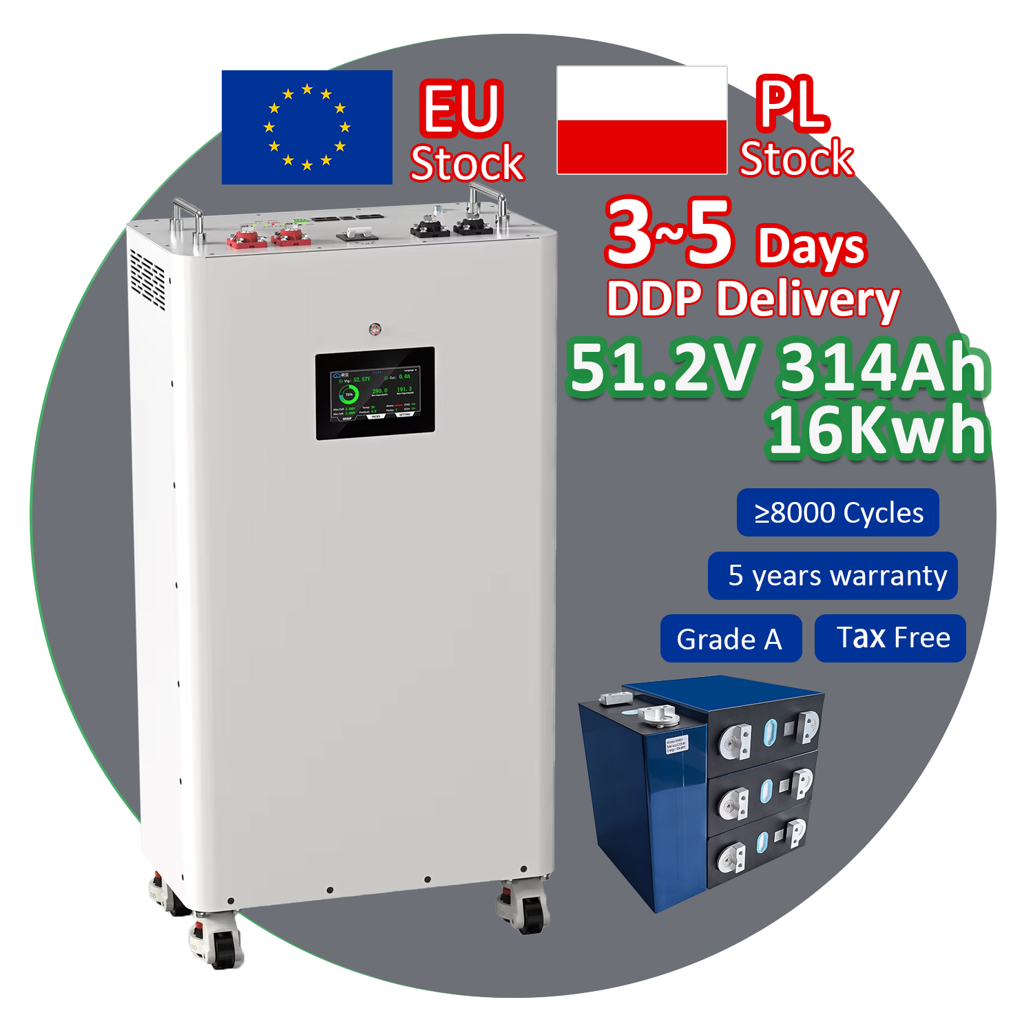 EU Stock Vertical Lifepo4 Solar Battery 48V 51.2V 314Ah 16kwh JK V19 BMS Standing Style Lithium Ion Battery Pack For Home Use