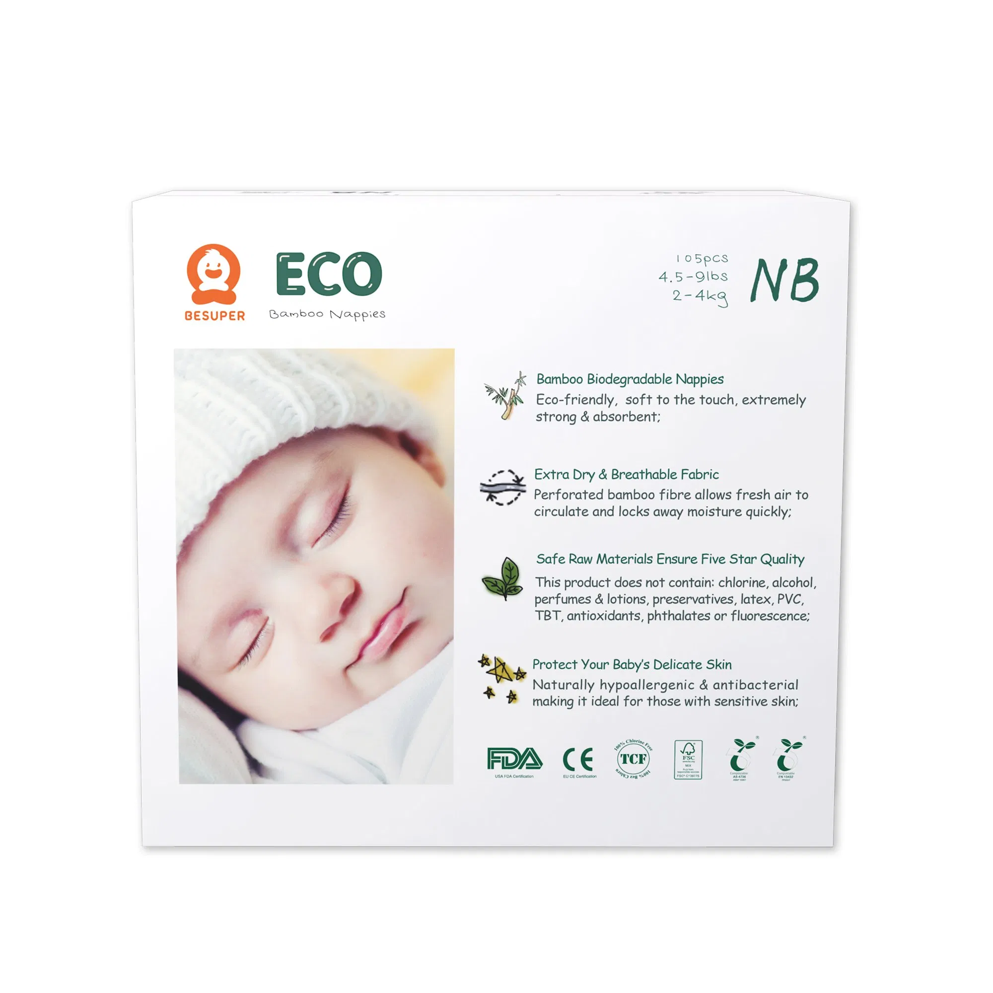 Fralda de Bebê de Bambu Orgânica Ecológica para Bebês Fibra Natural Biodegradável Descartável Fralda Ecológica