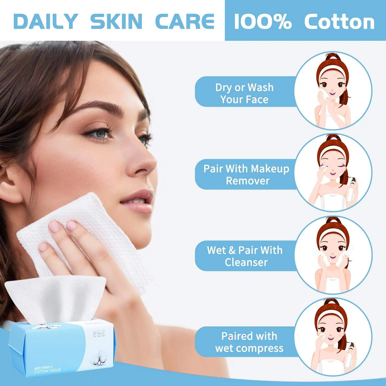 Amostra Grátis Toalhas de Rosto Ultra Macias Lenços Secos 1oo Contagem Lenço Facial de Uso Duplo Seco e Molhado para Limpeza