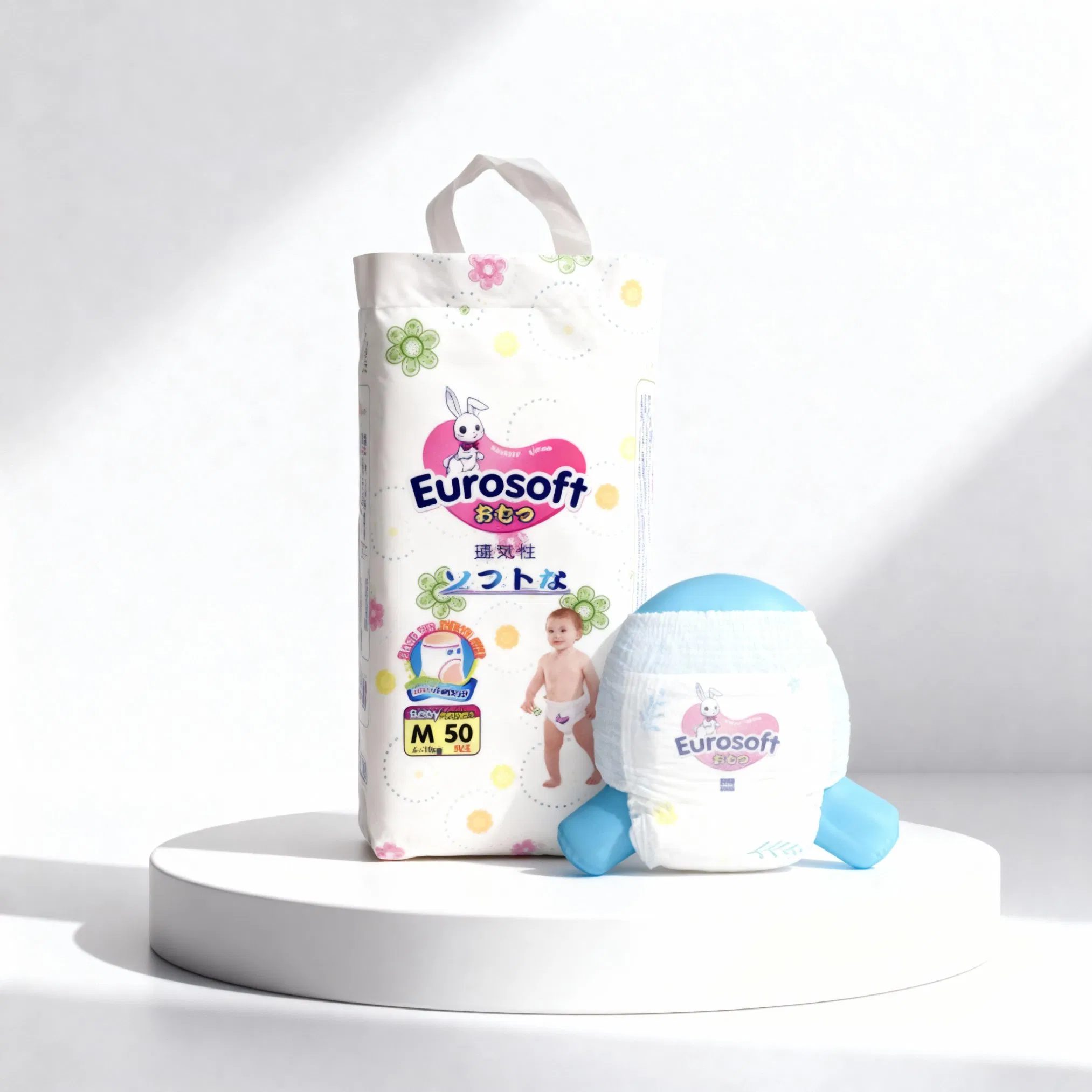 Fabricante de Calças de Fraldas para Bebês Eurosoft Super Absorventes Respiráveis Descartáveis Calças de Treinamento Material Biodegradável para Atacadistas