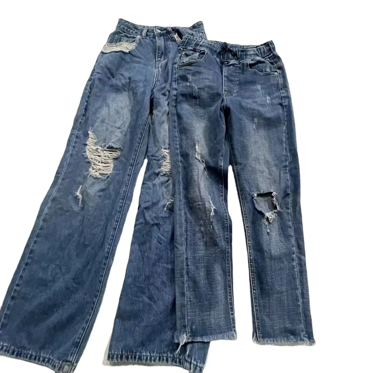 Calças Jeans Femininas Usadas, Desgastadas, Estilo Boyfriend, Largura Ampla, Jeans Rasgado em Fardos