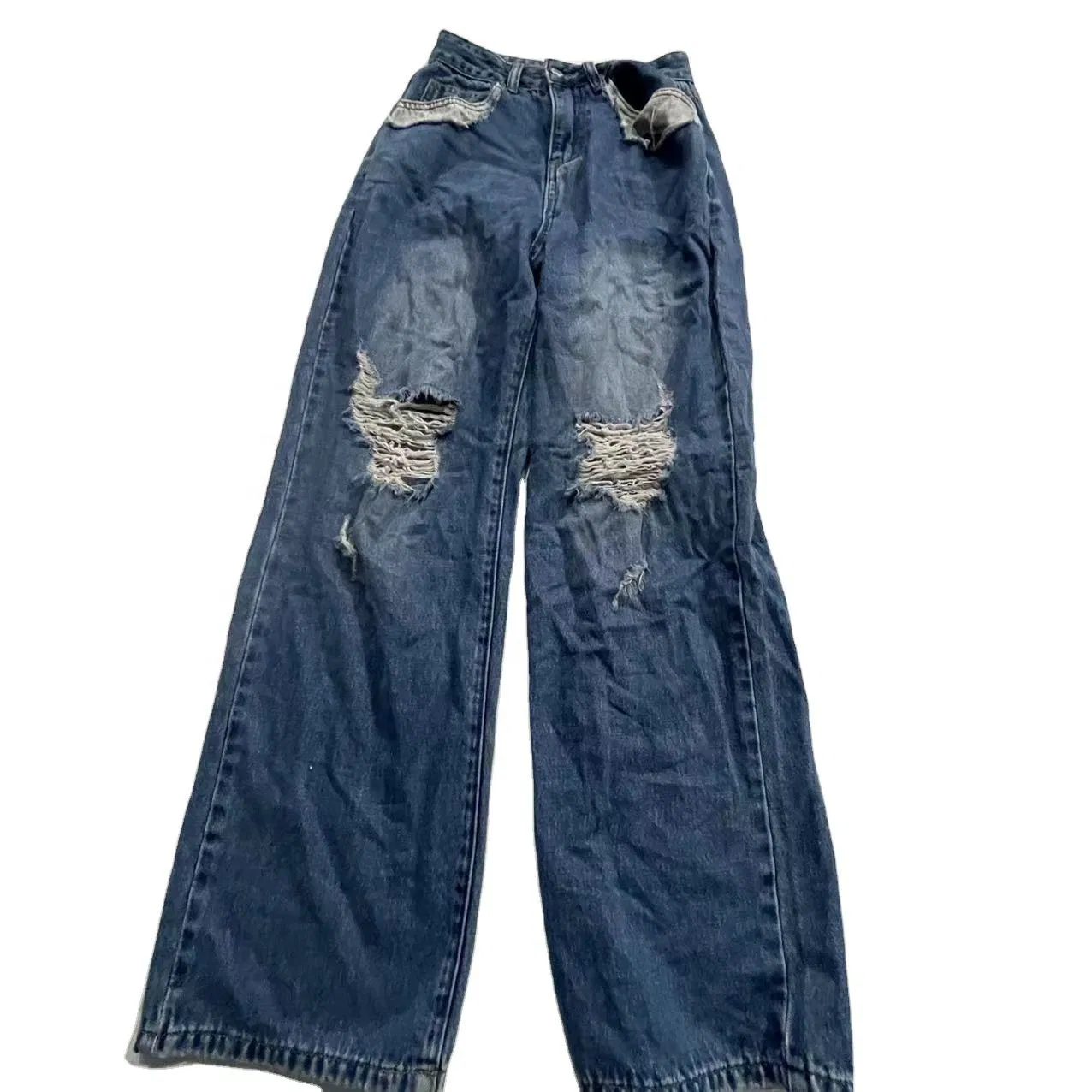 Calças Jeans Femininas Usadas, Desgastadas, Estilo Boyfriend, Largura Ampla, Jeans Rasgado em Fardos