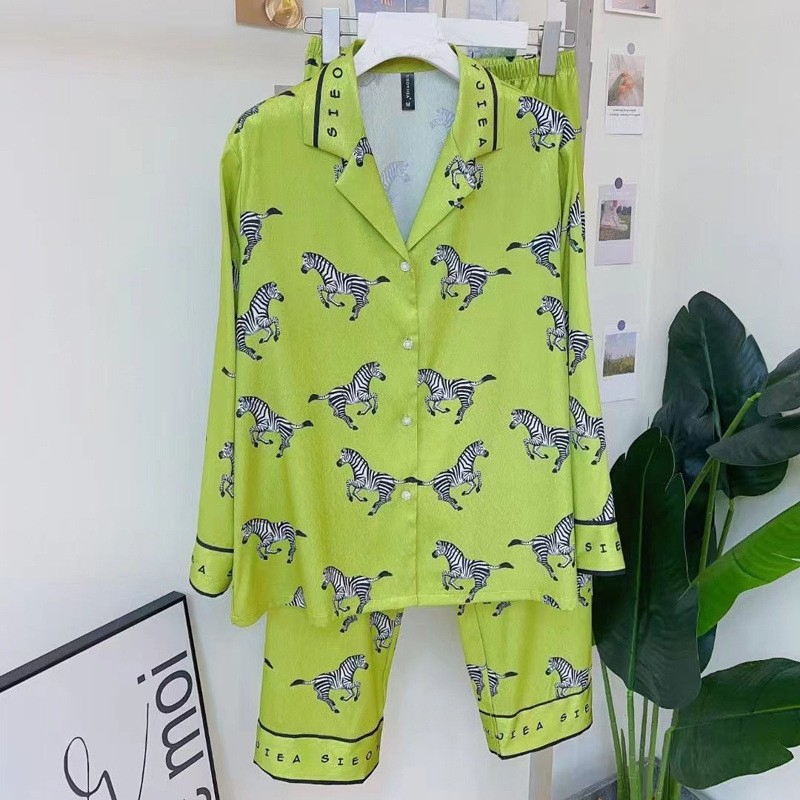 Conjunto de Noite de Luxo para Senhora Primavera Verão com Impressão de Flores em Seda Gelada, Roupas para Casa com Manga Longa e Calças