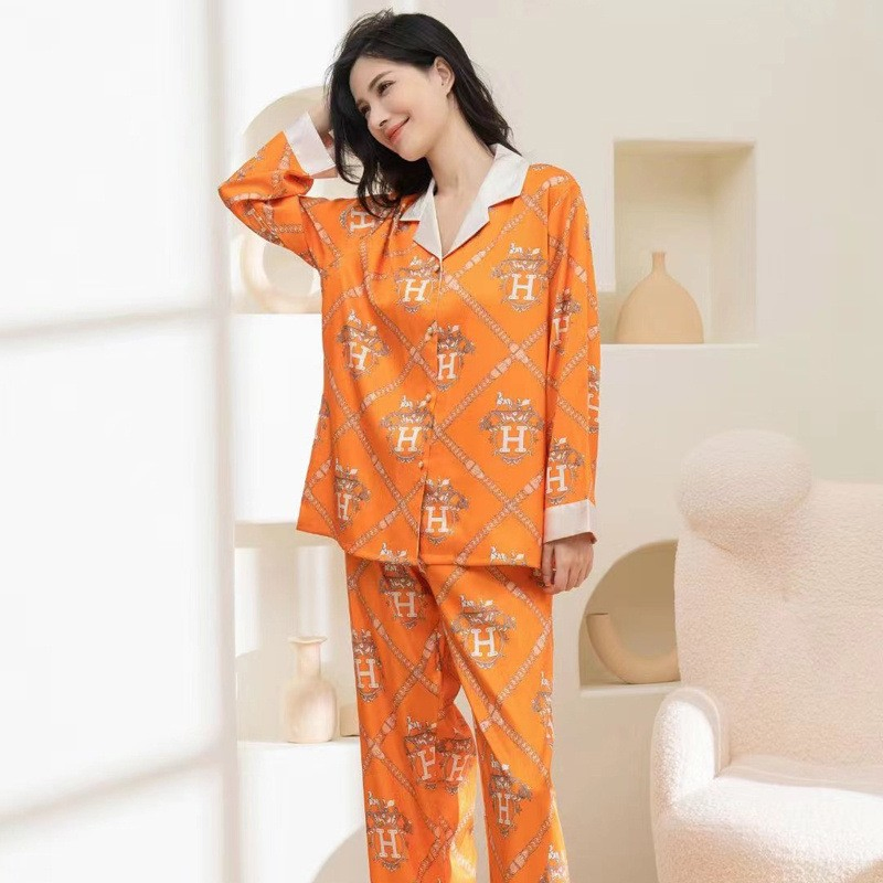 Conjunto de Noite de Luxo para Senhora Primavera Verão com Impressão de Flores em Seda Gelada, Roupas para Casa com Manga Longa e Calças