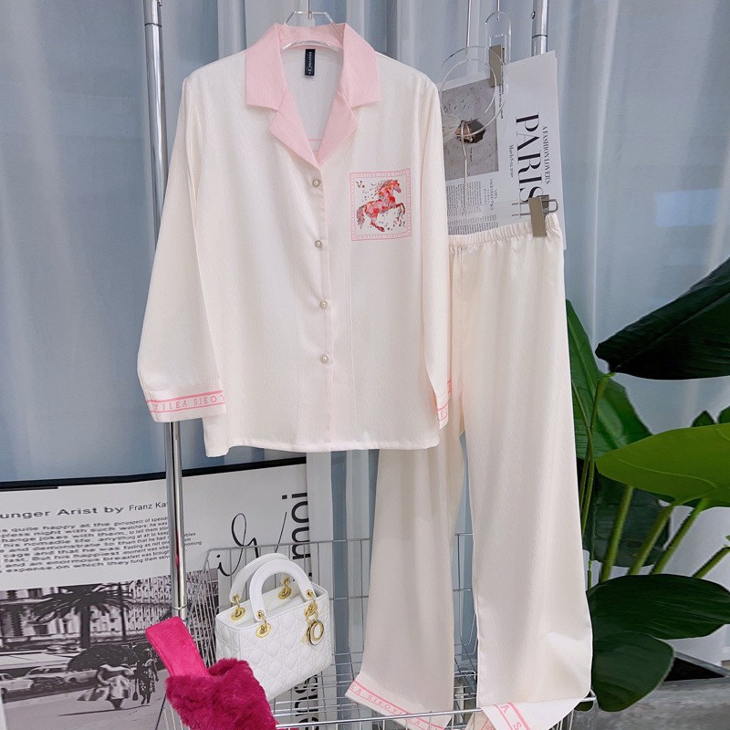 Conjunto de Noite de Luxo para Senhora Primavera Verão com Impressão de Flores em Seda Gelada, Roupas para Casa com Manga Longa e Calças
