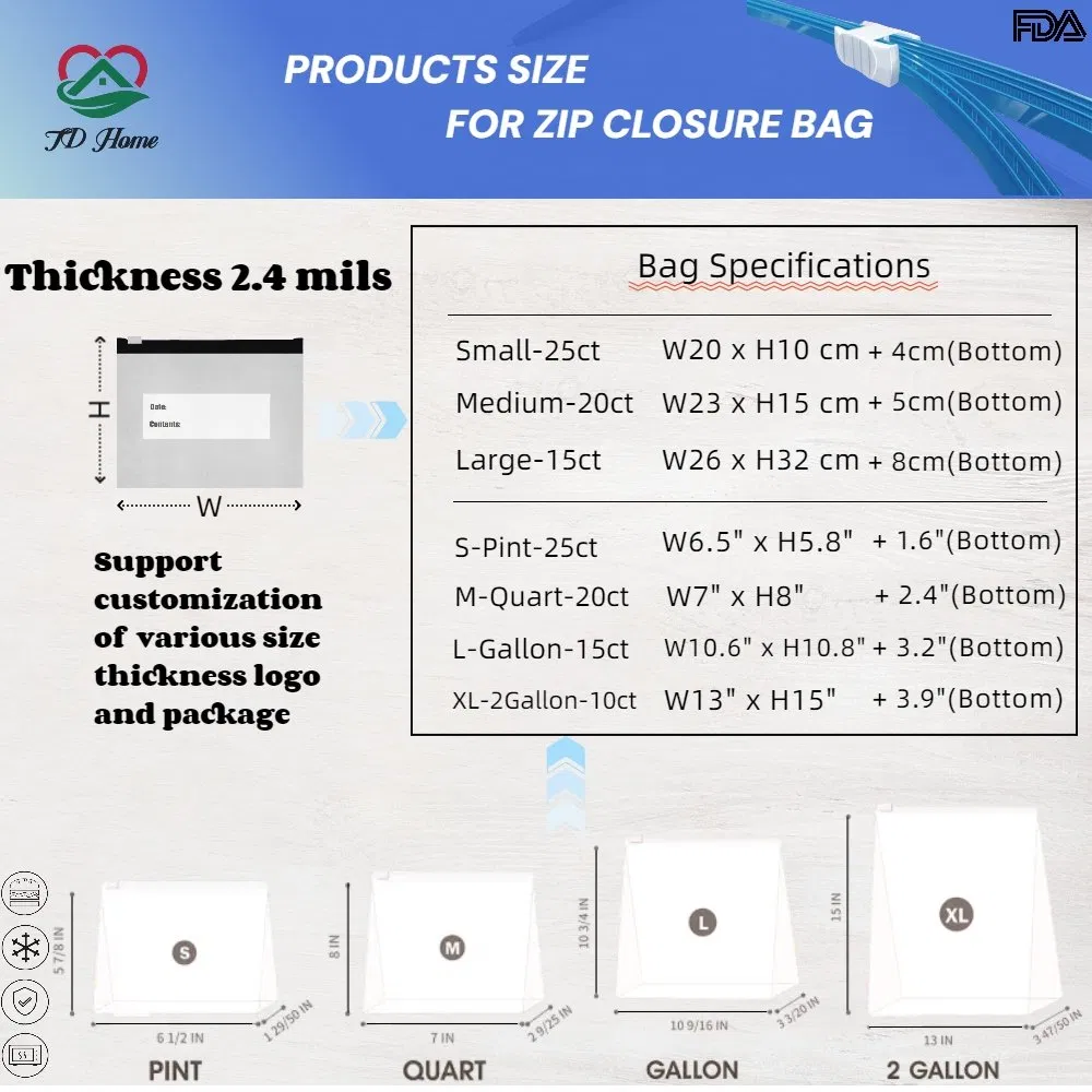 Custom BPA Free Plastic Packaging Food Storage Waterproof Polyethylene Zip Bag Freezer Gallon Ziplock Resealable Slider Bag