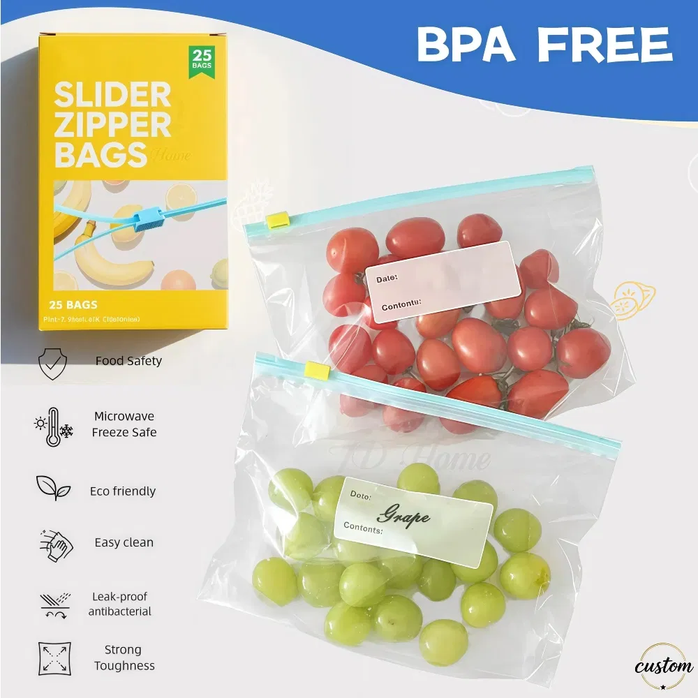 Custom BPA Free Plastic Packaging Food Storage Waterproof Polyethylene Zip Bag Freezer Gallon Ziplock Resealable Slider Bag