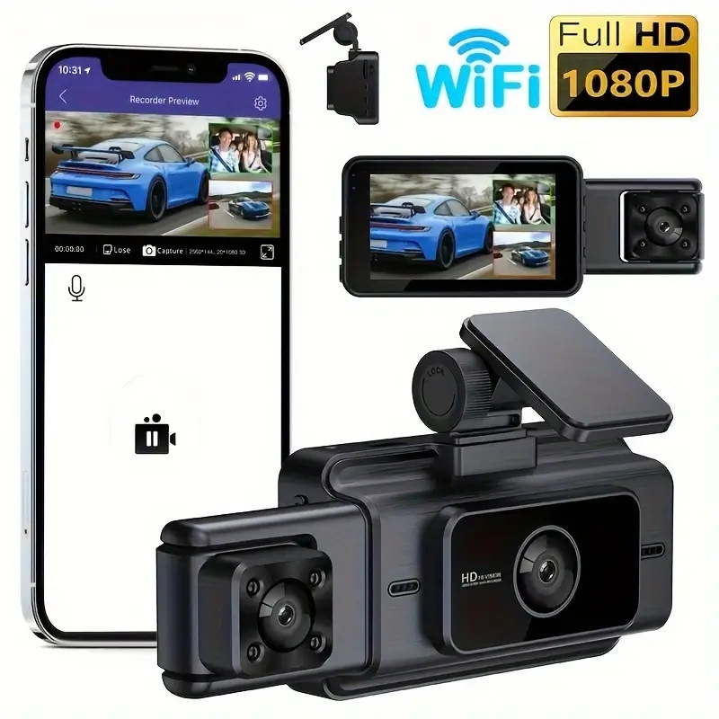 Skylla High Quality 3 Lens Car Camera Micro Multifunctional WiFi Front Inside Rear 3 Way Dash Camera All-in-One Dash Cam