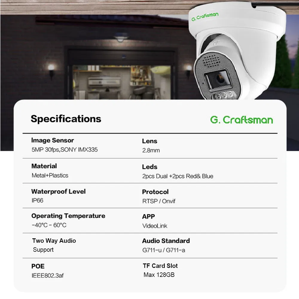 New Ga-Dfd-M5s Gcraftsman 5MP Sony Sensor Metal Security Camera Dual Light Blink Alarm Ring Night Vision Poe SD Card Slot Two Way Audio IP Camera