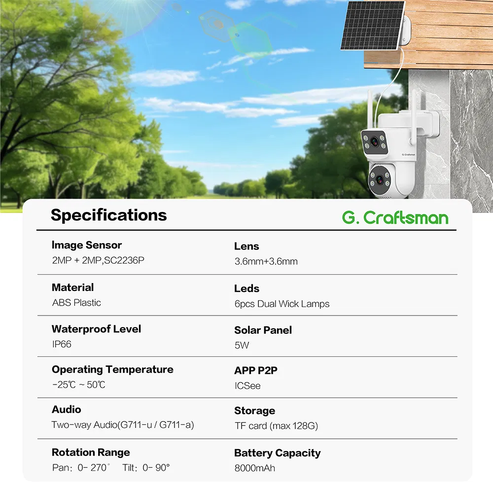 G4-P1fd-M2X 2MP+2MP Aov Aor 4G Solar CCTV IP PTZ Security Camera Dual Two Lens SIM Card Cloud Storage Auto Tracking for Outdoor Use