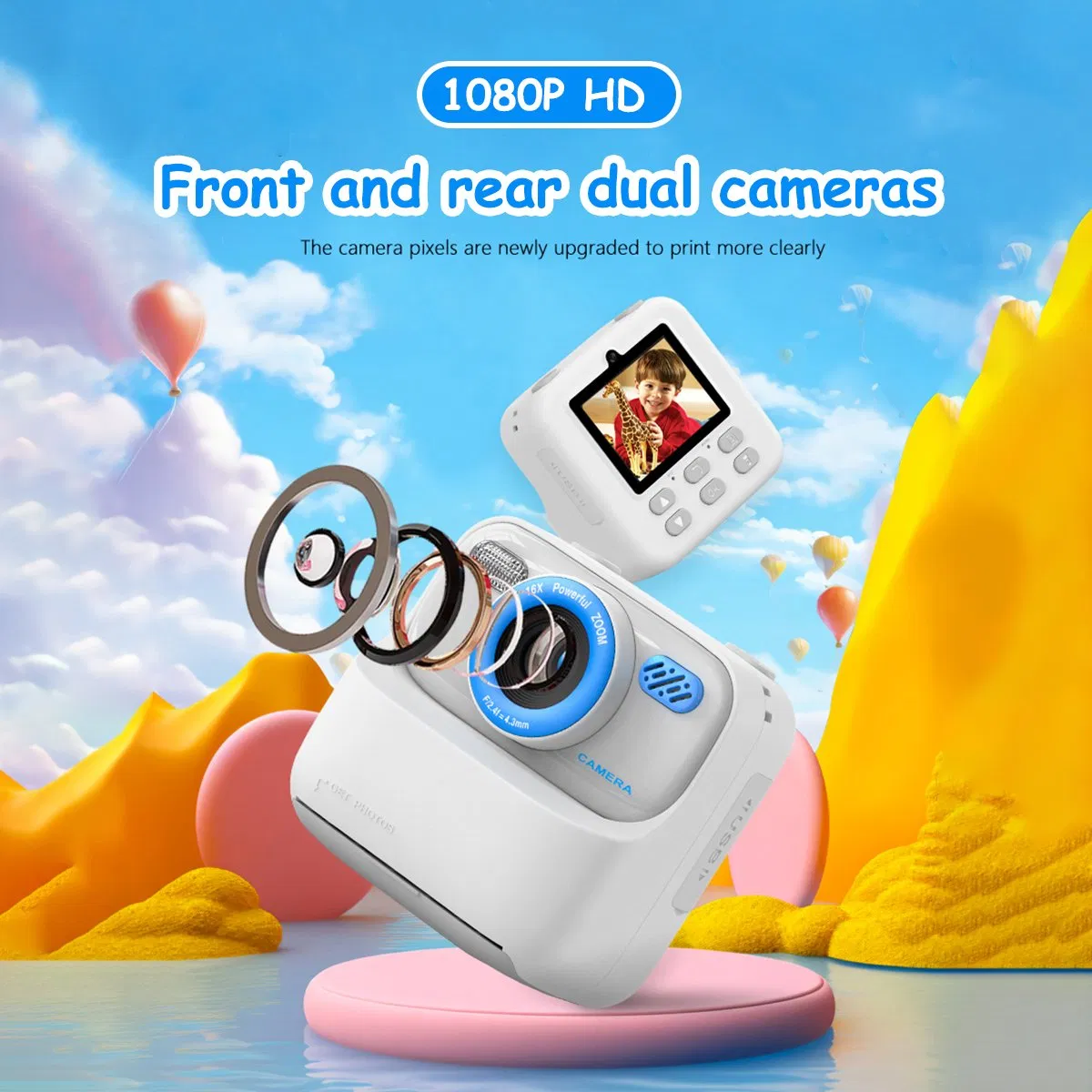 P79 Photo Instant Print Kids Digital Camera Fun Game HD 1080P Dual Lens Camera with 32g Memory Card - Purple