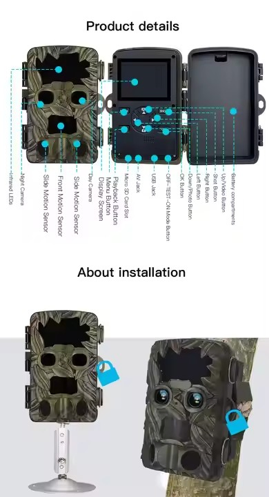 Starlight Night Vision Dual Lens Native 4K 32MP 30fps Hunting Cameras with Waterproof IP66 for Wildlife Monitoring Trail Camera