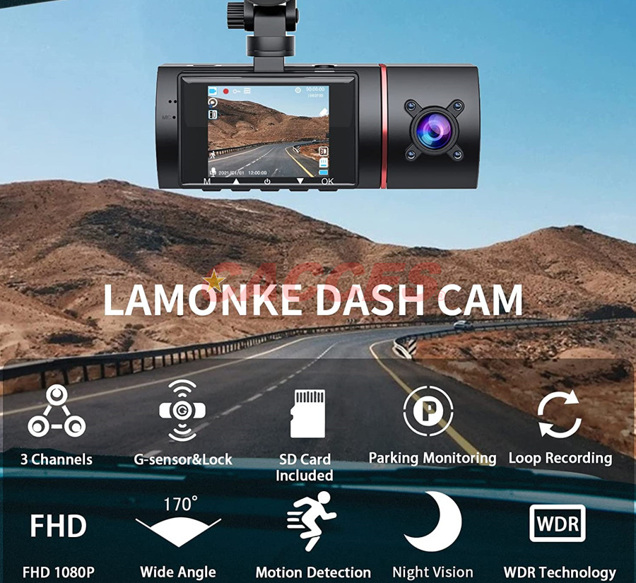 Dual 1080P Dash Cam, Triple Front Cabin Rear Car Camera,Loop Dash Camera with Infrared Night Vision,24hr Motion Detection Parking Mode,G Sensor Accident Record