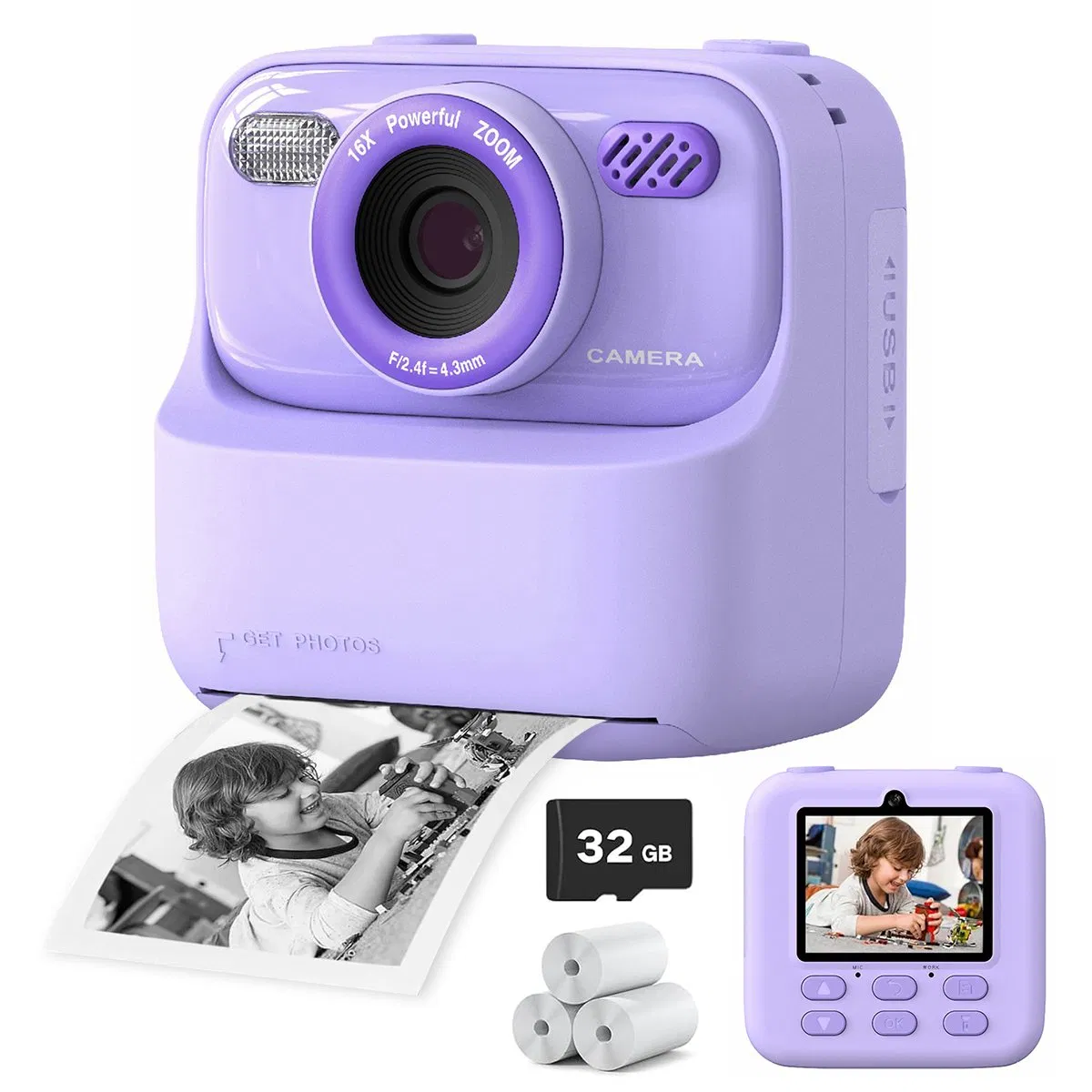 P79 Photo Instant Print Kids Digital Camera Fun Game HD 1080P Dual Lens Camera with 32g Memory Card - Purple