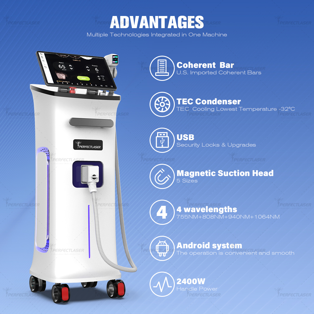 4 Wave Diodo Laser Salon Beauty Equipment Diode Laser Hair Removal Machine Professional 755 808 940 1064nm Handle